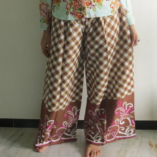 Brown Plaid Wide Legged Elastic Pajamas-0