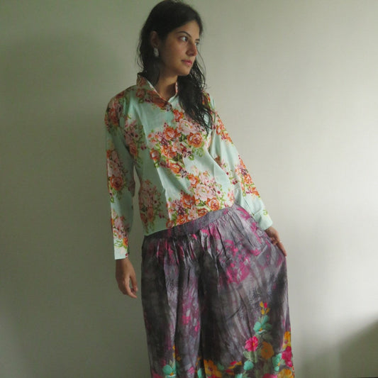 Gray Floral Wide Legged Elastic Pajamas-2