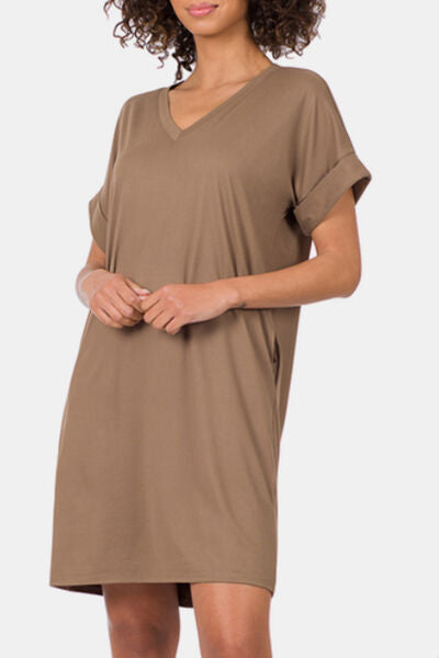 Zenana Rolled Short Sleeve V-Neck Dress-0