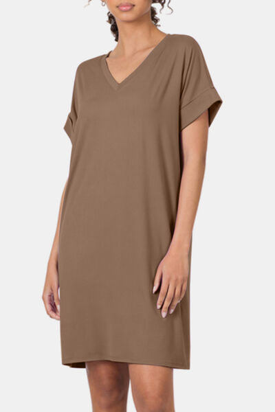 Zenana Rolled Short Sleeve V-Neck Dress-2