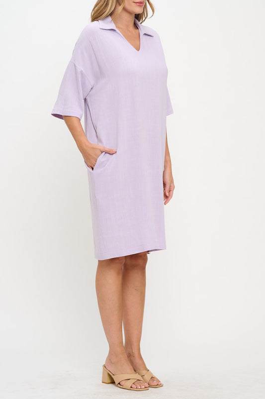Linen V neck Collared Dress with Pockets-2