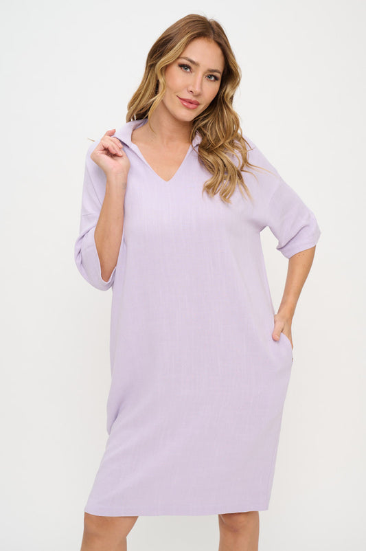 Linen V neck Collared Dress with Pockets-0